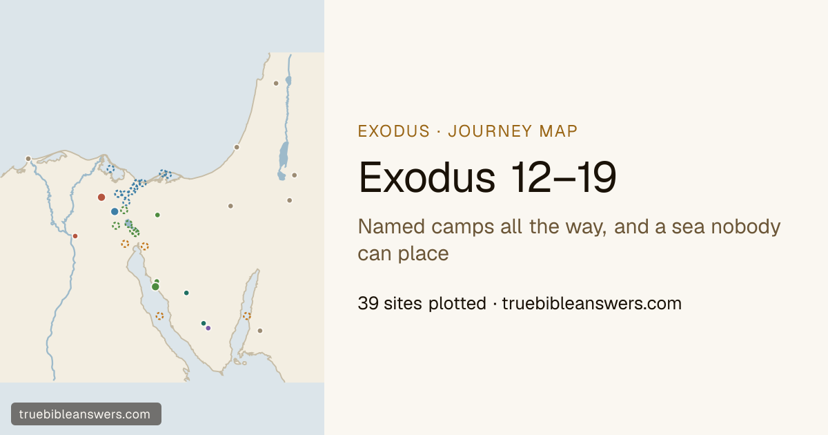 Map of Exodus 12–19: Named camps all the way, and a sea nobody can place — 39 sites plotted