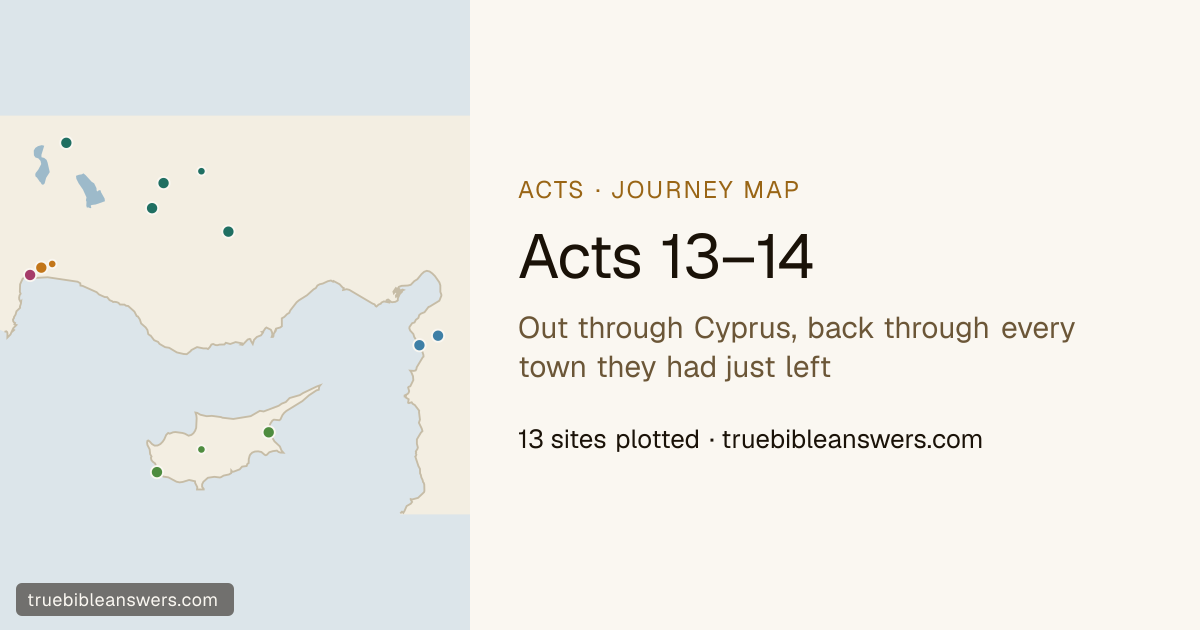 Map of Acts 13–14: Out through Cyprus, back through every town they had just left — 13 sites plotted