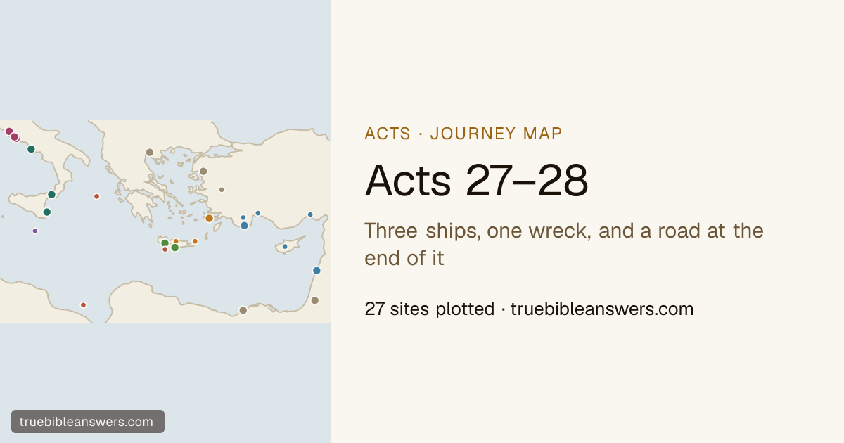 Map of Acts 27–28: Three ships, one wreck, and a road at the end of it — 27 sites plotted